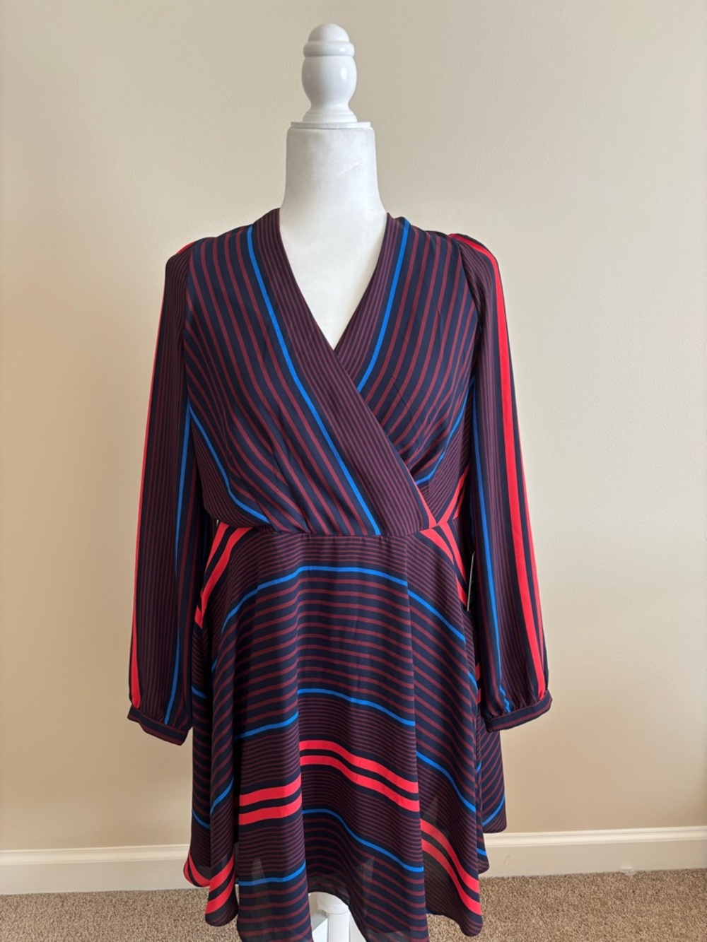 Express Burgundy Wrap Dress with Blue and Red Orange Stripes
